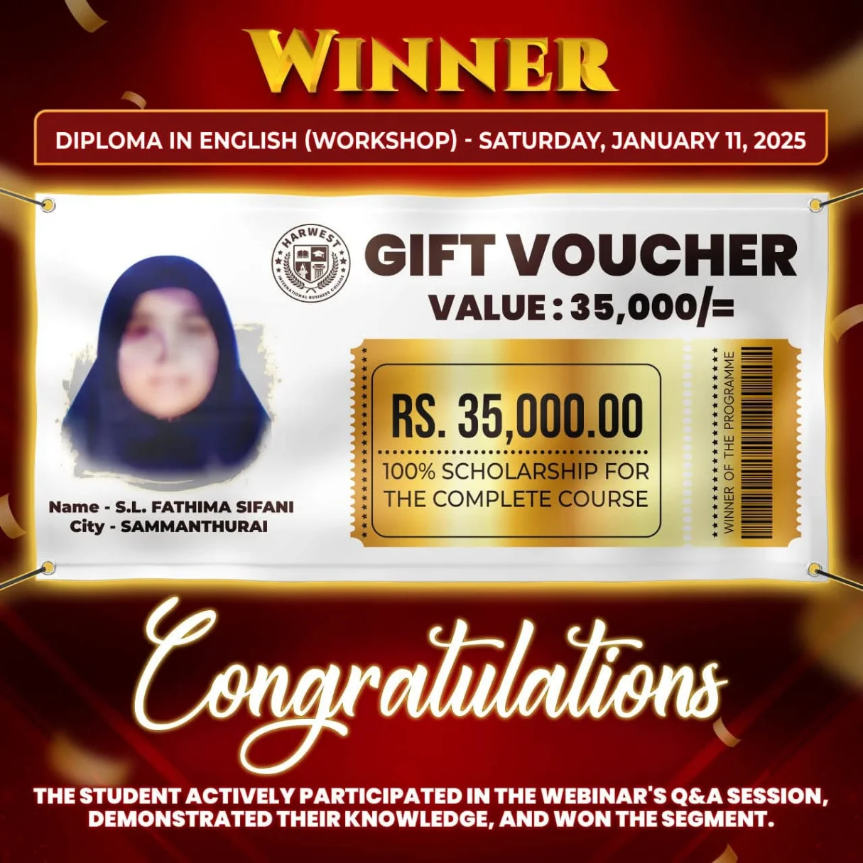 Diploma in English Workshop Winner