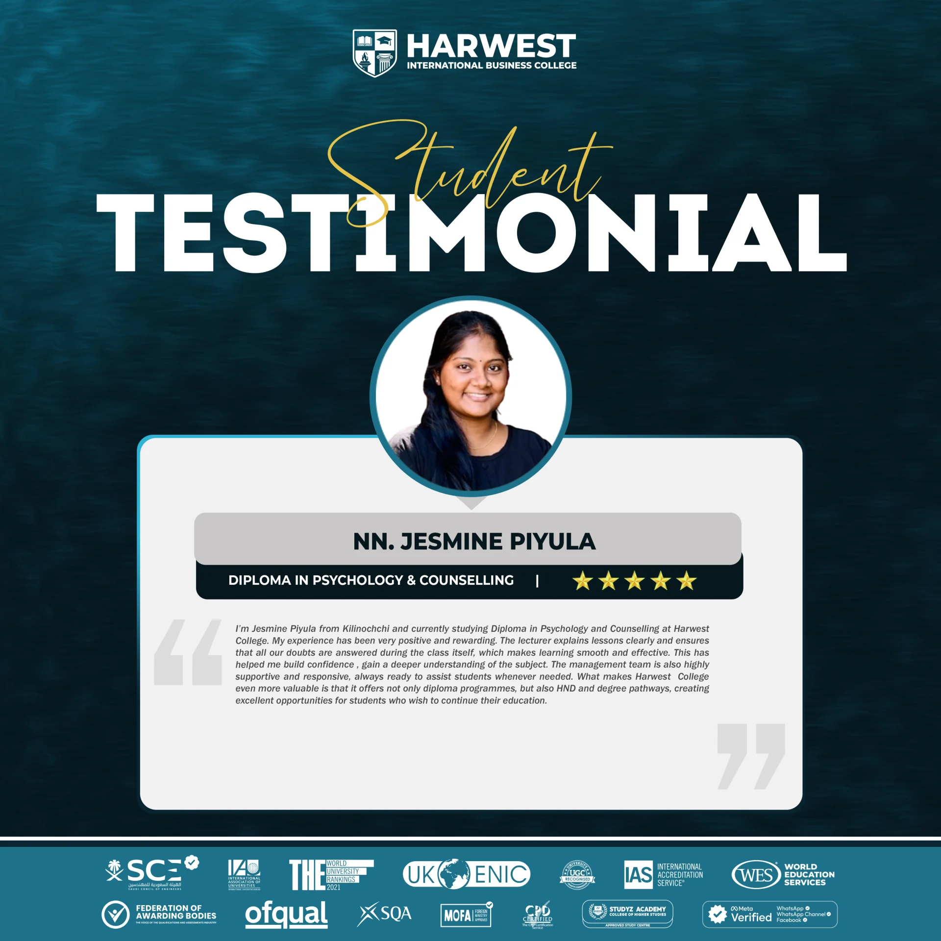 STUDENT TESTIMONIAL DIPLOMA IN PSYCHOLOGY AND COUNSELLING 